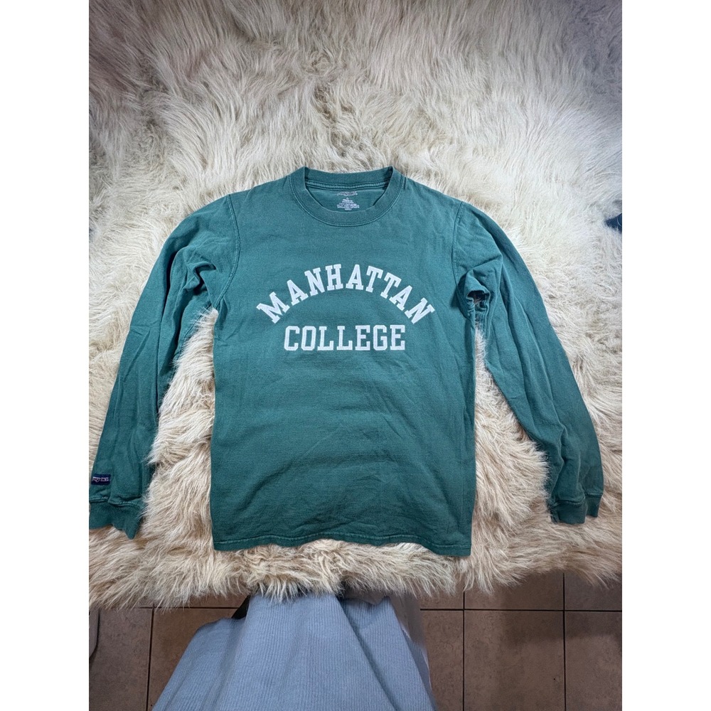 Y2K JanSport Manhattan College Long Sleeve T-Shirt Green Mens Small Cotton